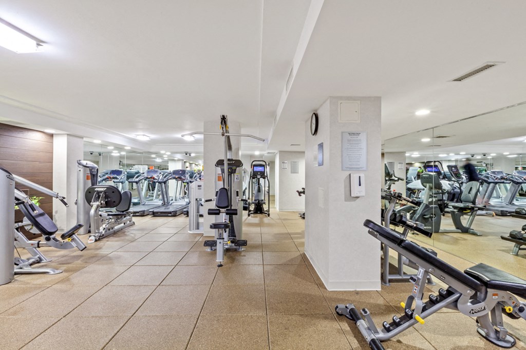 a gym with various exercise bikes and weights on the floor