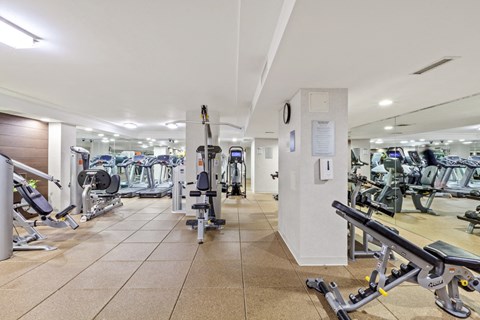 a gym with various exercise bikes and weights on the floor