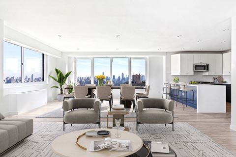 a rendering of a living room and dining room with a view of the empire state building