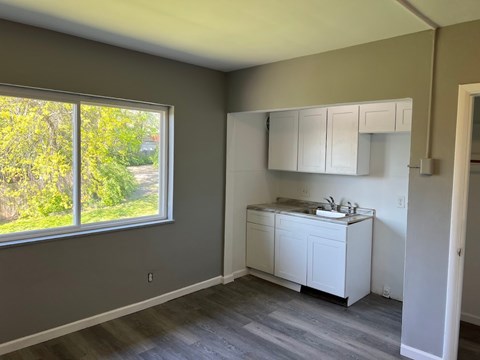 A kitchen with white cabinets and a window overlooking a tree-filled yard.