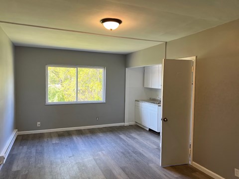 A room with a window and a white cabinet.