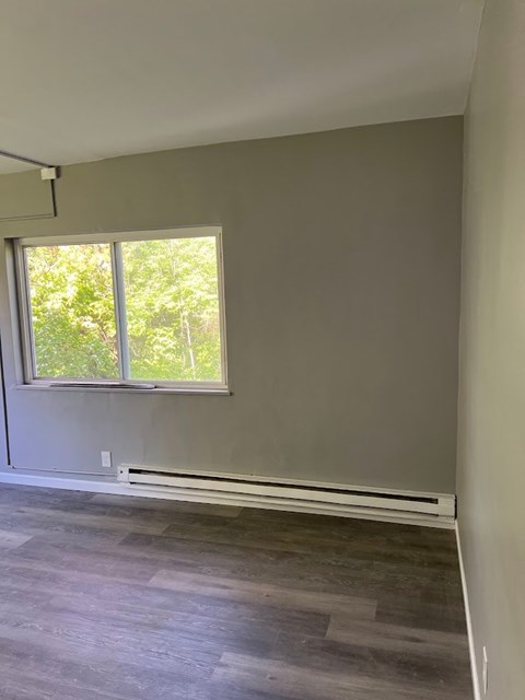 A room with a window and a radiator on the floor.