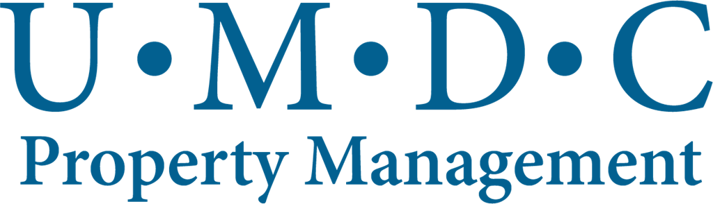 a logo with the word property management in blue against a black background