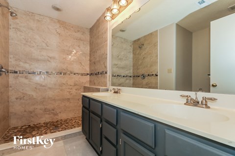 a bathroom with a sink and a mirror and a shower