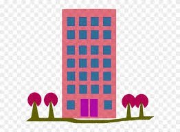 A pink building with a purple door and green trees in front.