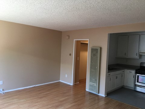an empty living room and kitchen with a door to a closet