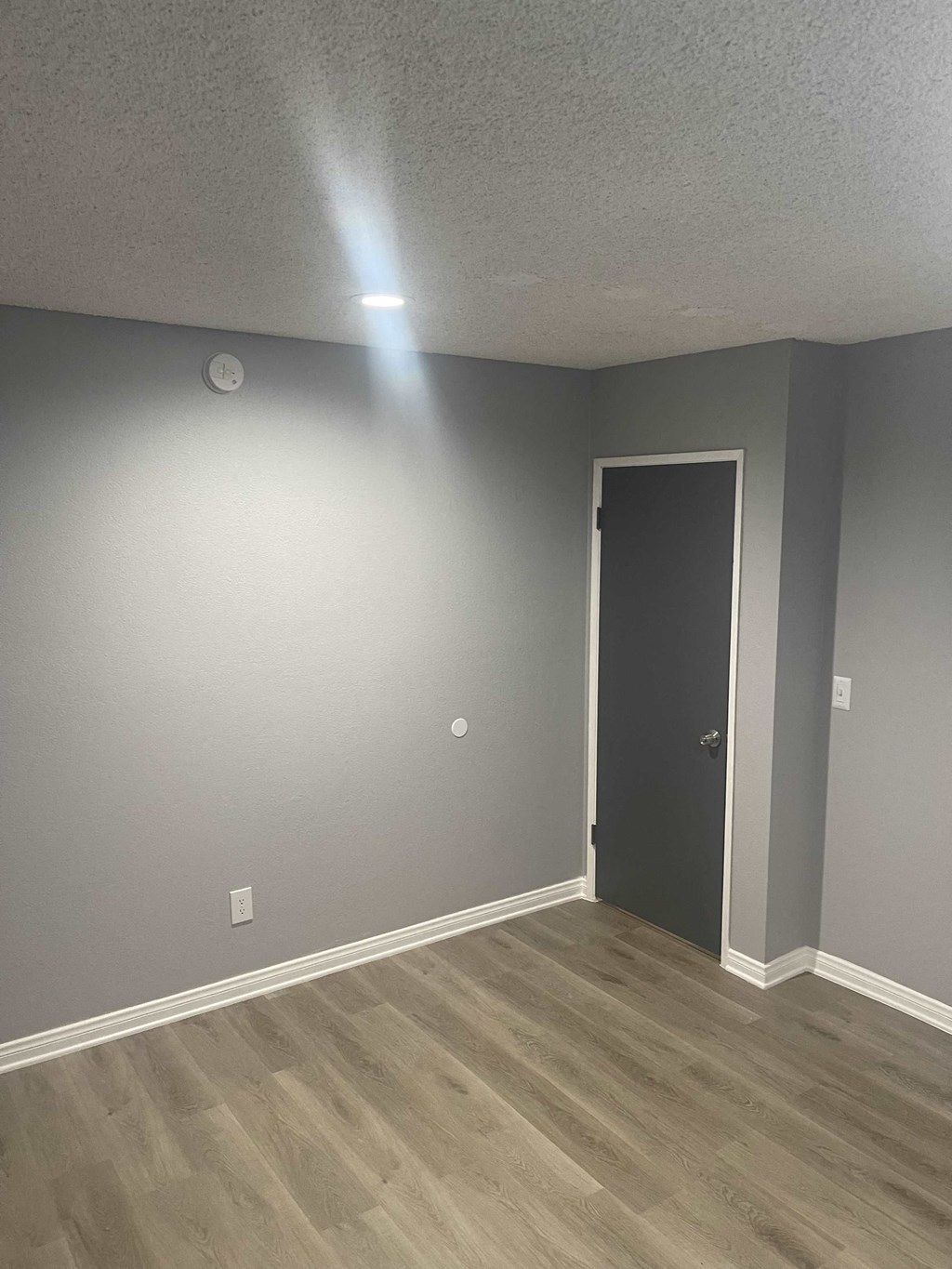 a living room with gray walls and a door
