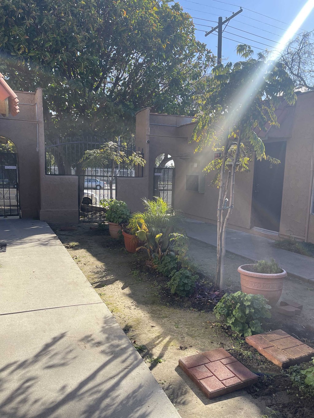 the front yard of a house with a garden and a ray of sunshine