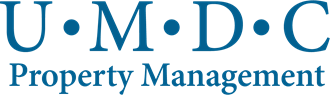 a logo with the word property management in blue against a black background