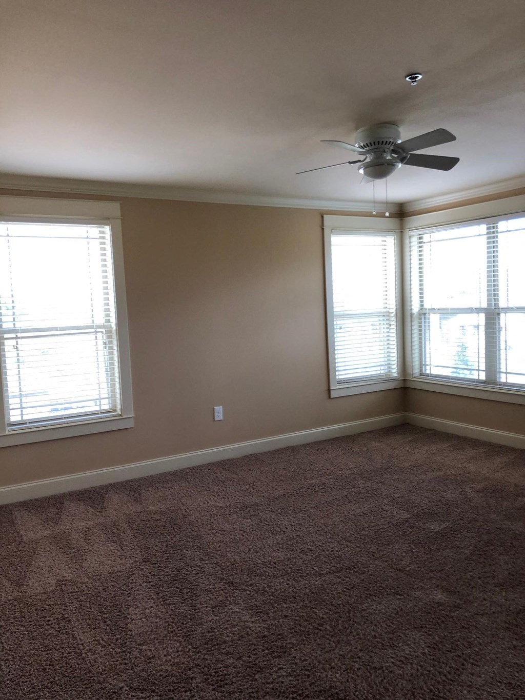 a living room with a ceiling fan and two windows