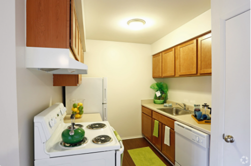 a kitchen with a stove and a sink and a refrigerator