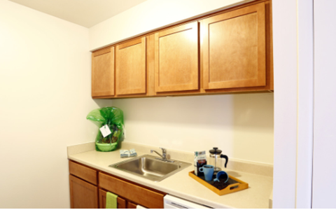 a kitchen with a sink and wooden cabinets