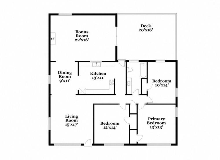 floor plan of the first floor of a house with bedrooms and baths