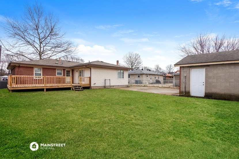 the backyard of a house with a yard and a garage