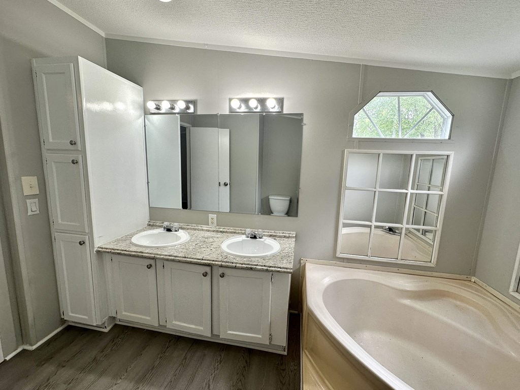 a bathroom with two sinks and a bath tub