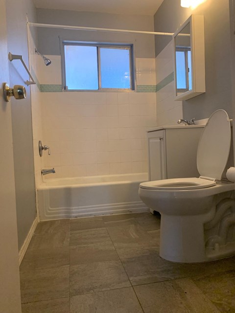 A white toilet in a bathroom with a white tub and a window.