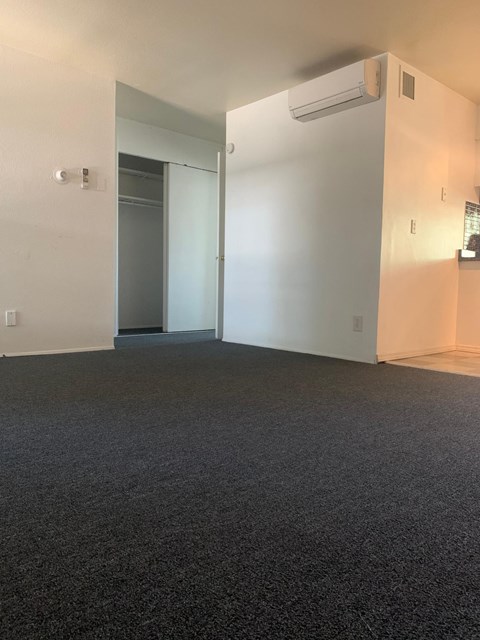 A room with a carpeted floor and a doorway leading to another room.