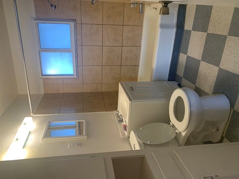 A bathroom with a toilet, sink, and shower.
