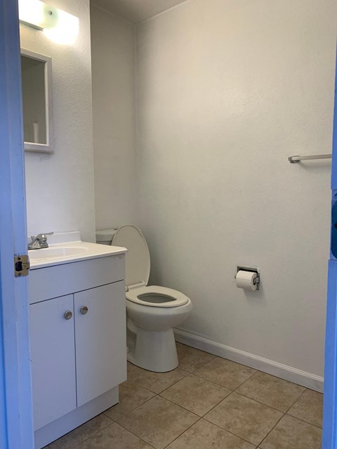 A white toilet sits in a bathroom next to a white sink.