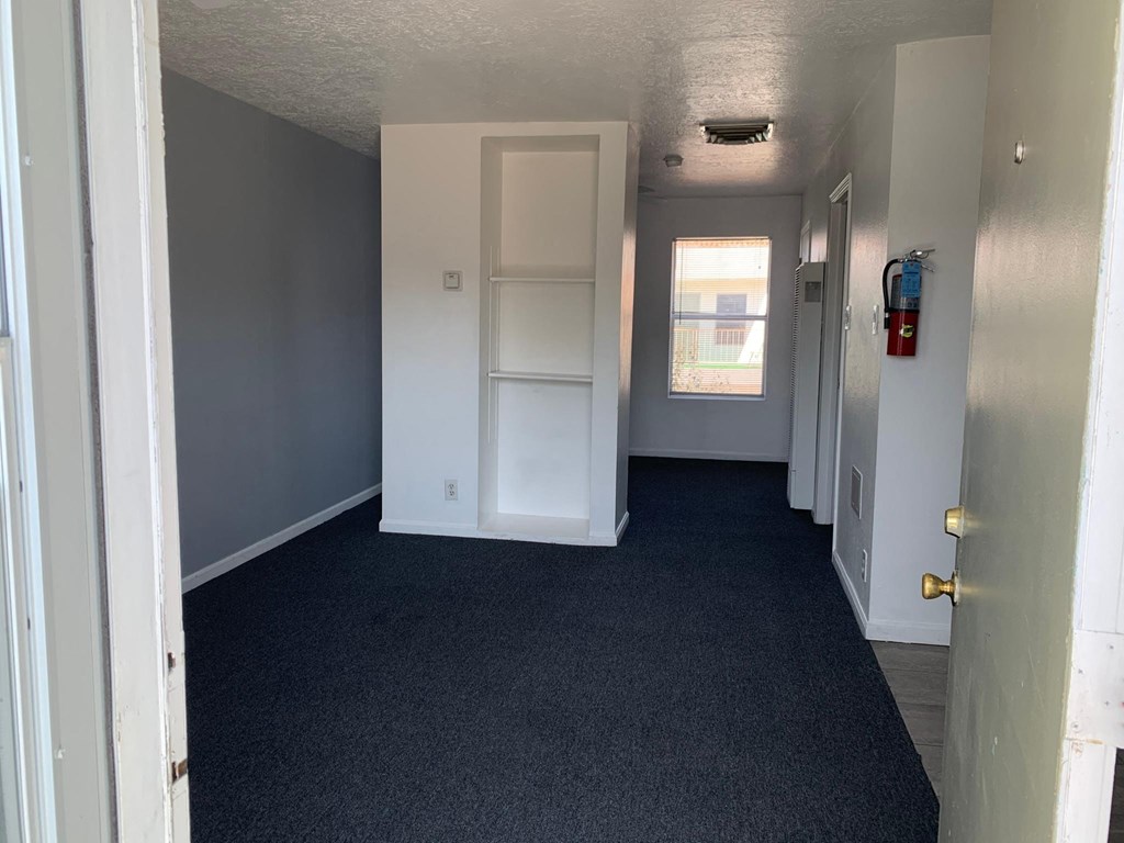 a room with a carpeted hallway and a window