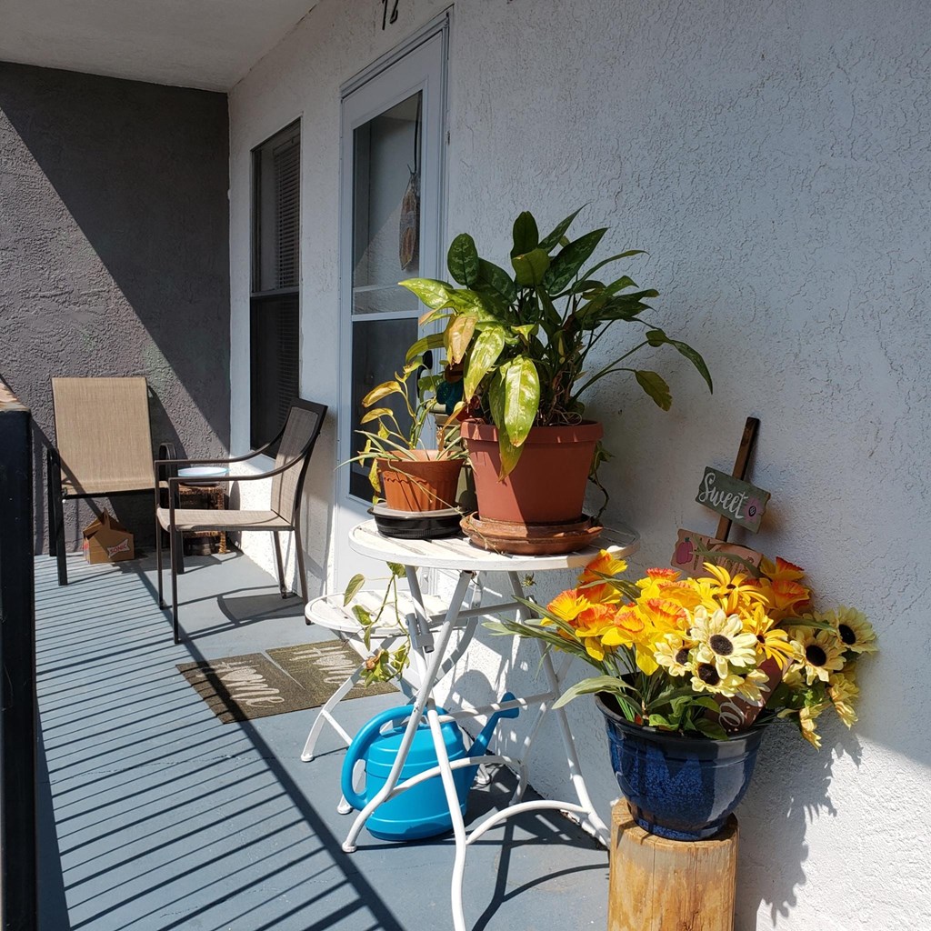 a patio with a table and chairs and potted flowers