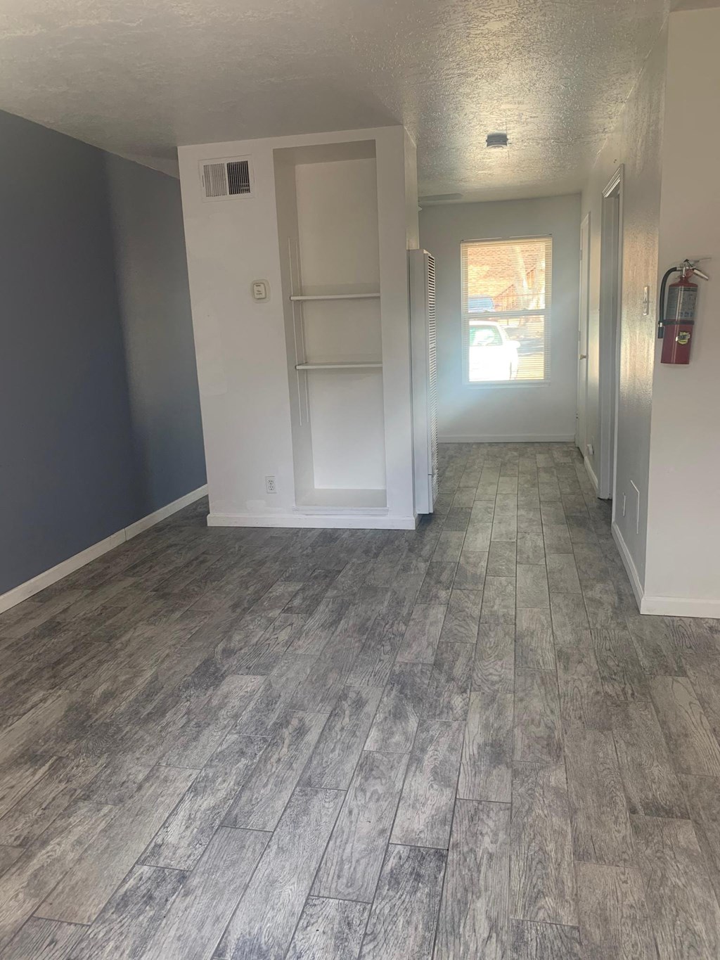 a renovated living room with wood floors and a closet