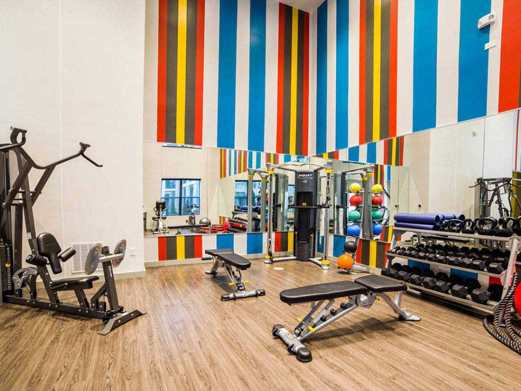 the gym is stocked with weights and cardio equipment and colorful stripes on the wall