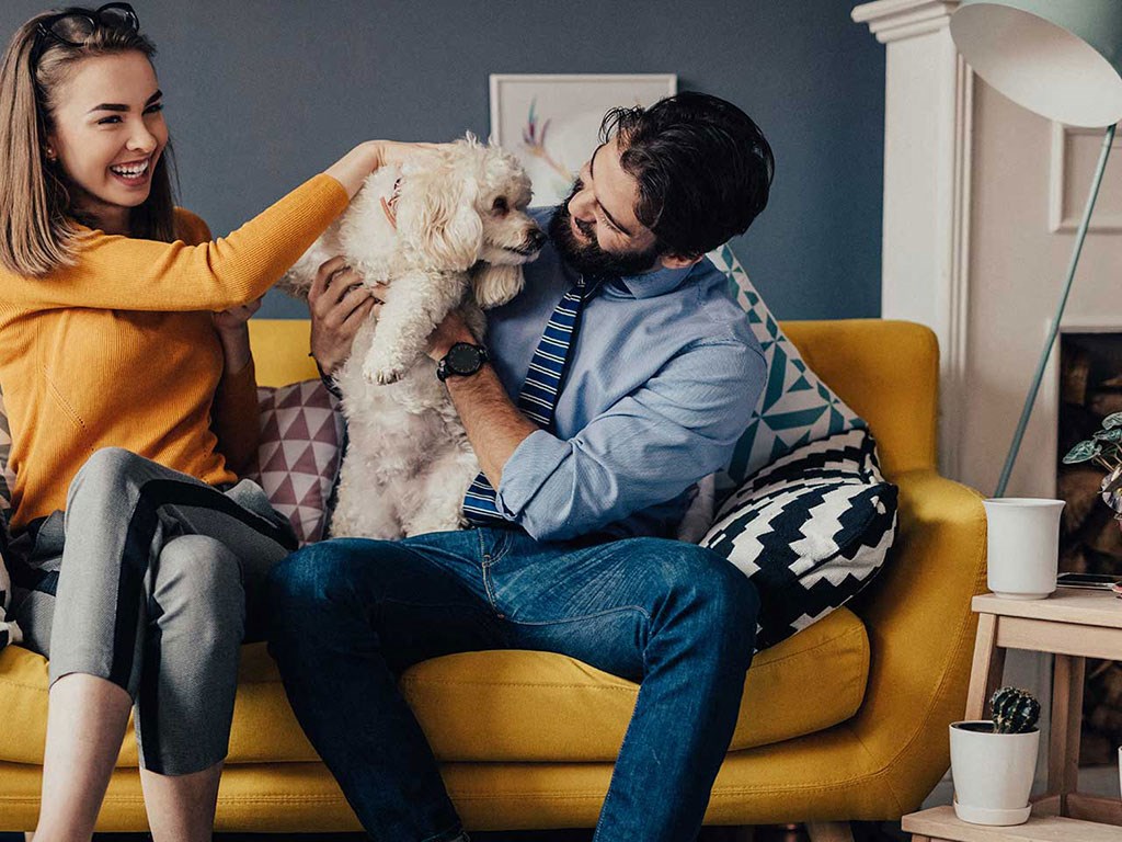 a man and woman sitting on a couch with a dog