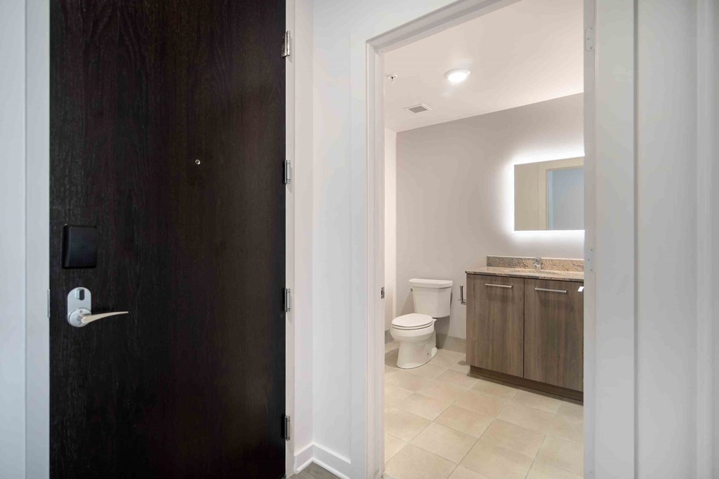 a bathroom with a toilet and a wooden door