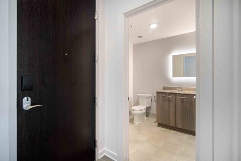 a bathroom with a toilet and a wooden door