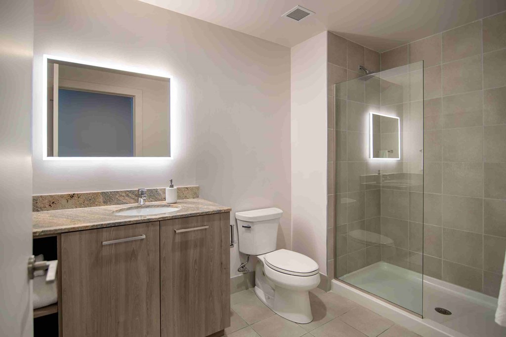 a bathroom with a shower toilet and sink