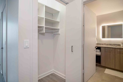 a bathroom with a closet and a sink and a mirror