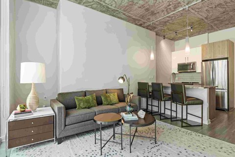 a rendering of a living room with a couch and a kitchen