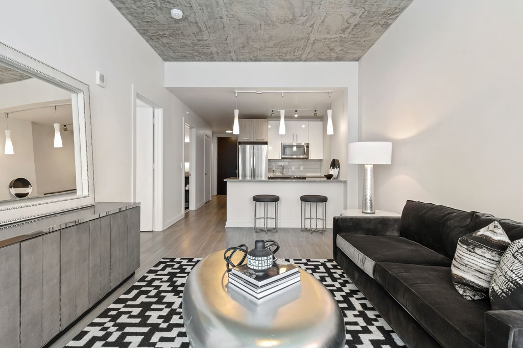 a living room with a couch and a coffee table