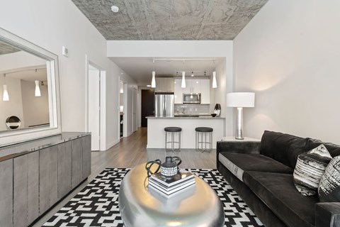 a living room with a couch and a coffee table