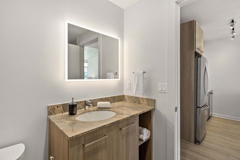 a bathroom with a sink and a mirror