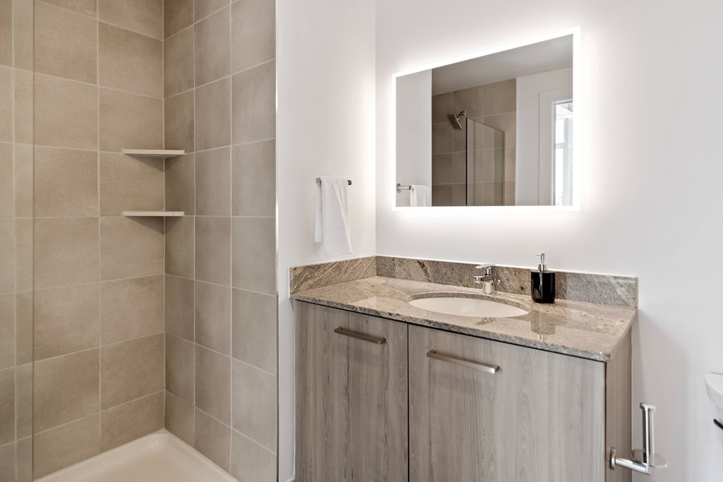 a bathroom with a sink and a mirror