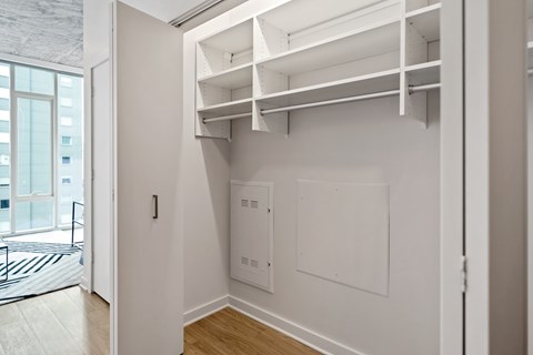 a room with white walls and a white closet with shelves and a door