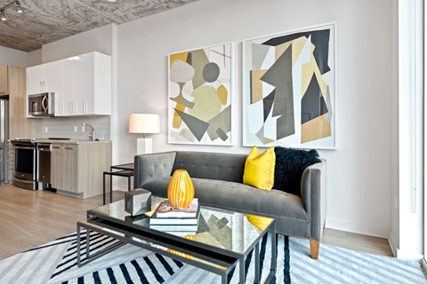 a living room with a couch and a coffee table