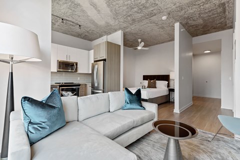 a living room with a couch and a table