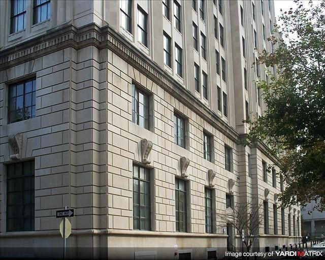 a large building with a street sign in front of it