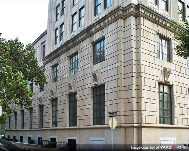 a large building with a street sign in front of it