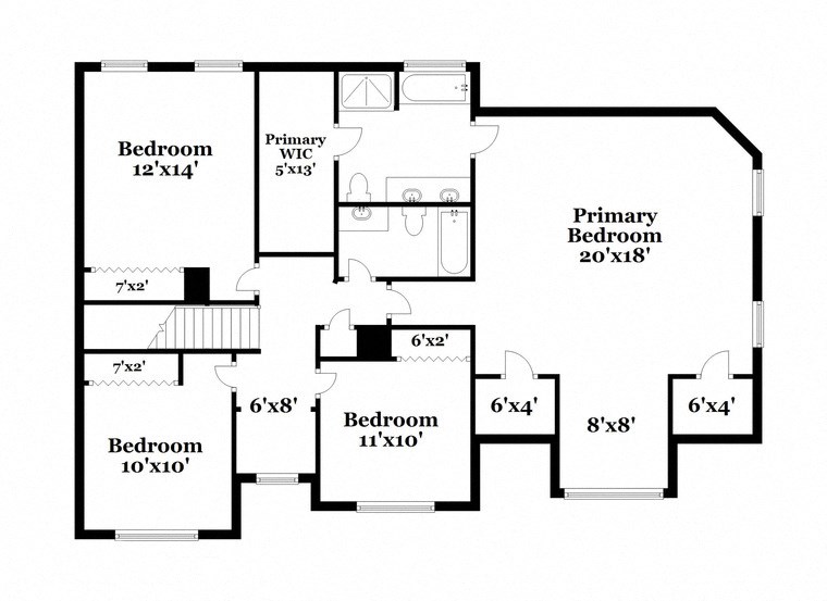 floor plan of the second level of the house with bedrooms and baths and a large