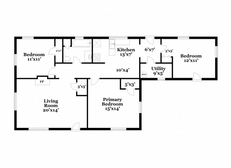 a floor plan of a home with two bedrooms and a living room and a kitchen