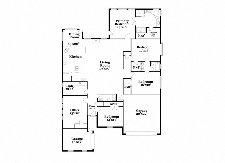 a floor plan of a home with a mix of bedrooms and baths and a garage