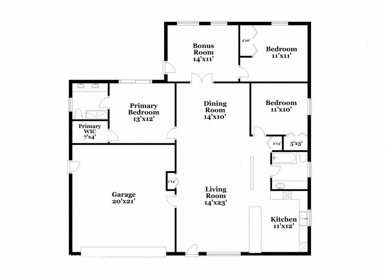 a floor plan of a home with two bedrooms and two bathrooms and a large kitchen