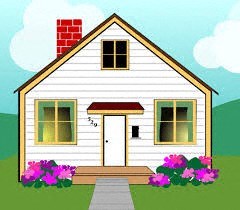 A cartoon house with a red door and windows surrounded by flowers.