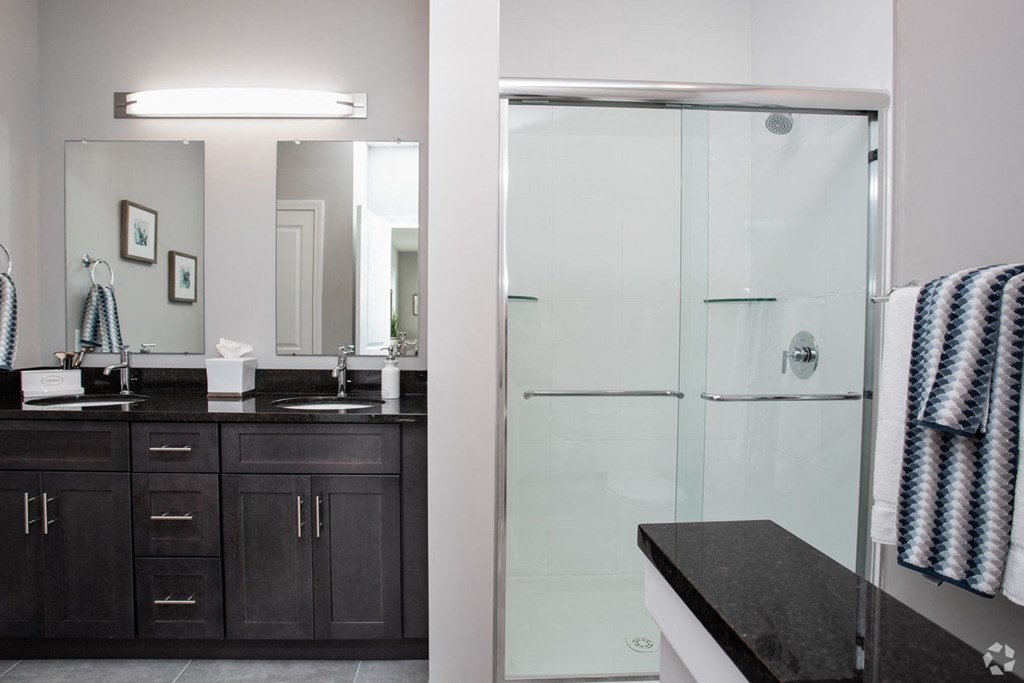 a bathroom with a shower and a sink and a mirror