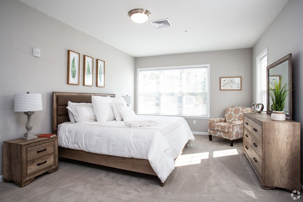 a bedroom with a bed and a dresser and a window