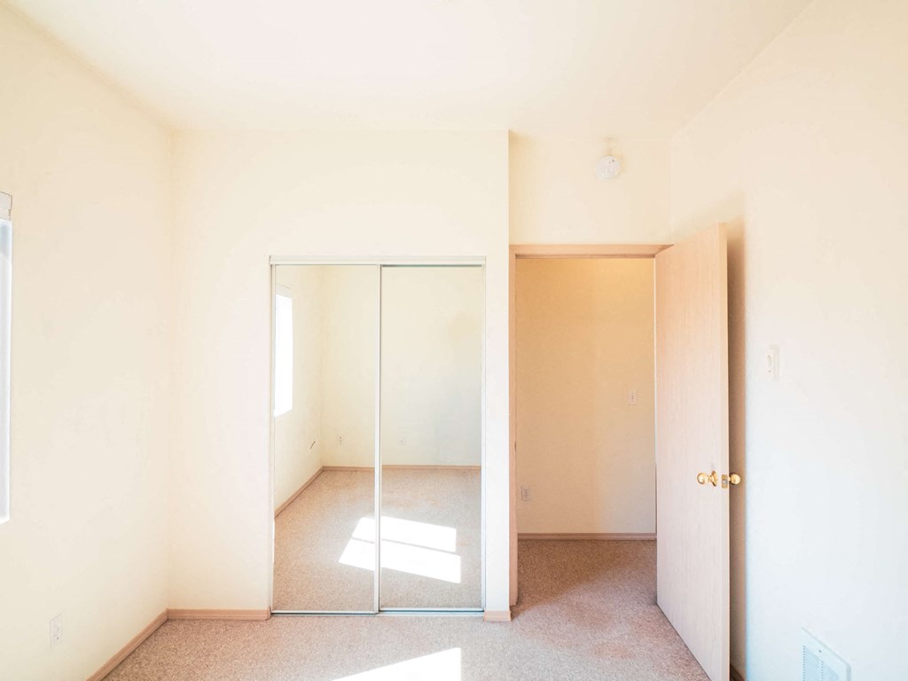 an empty room with a mirror and a closet
